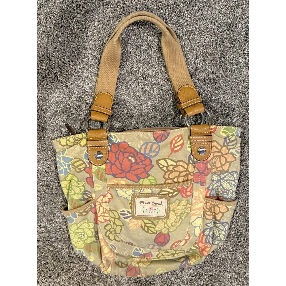 Fossil Key-Per Floral Hobo Tote Bag Canvas & Leather Trim Shoulder Purse
